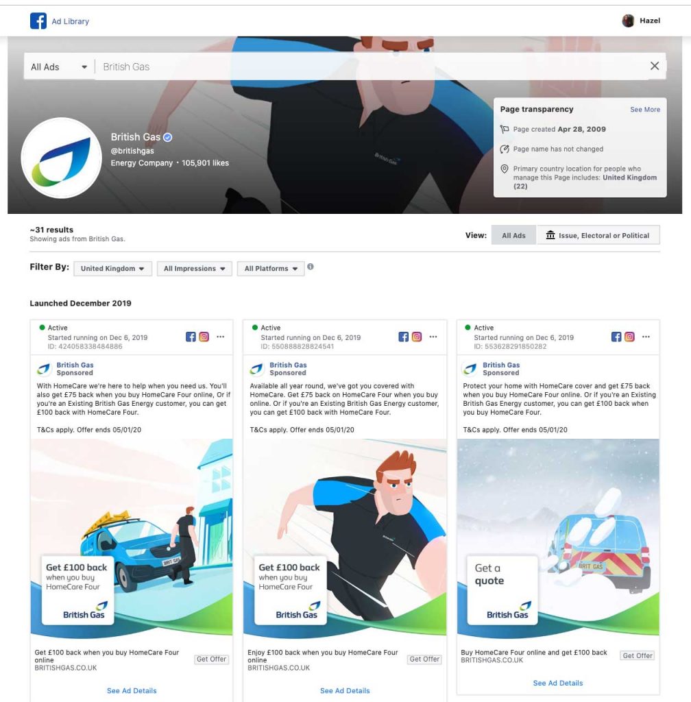 British Gas Facebook ads Library