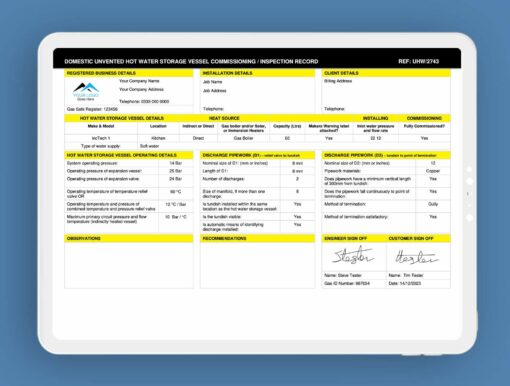 Domestic Unvented Hot Water Storage Vessel Commissioning and Inspection Record ServiceM8 Form - Digital Product