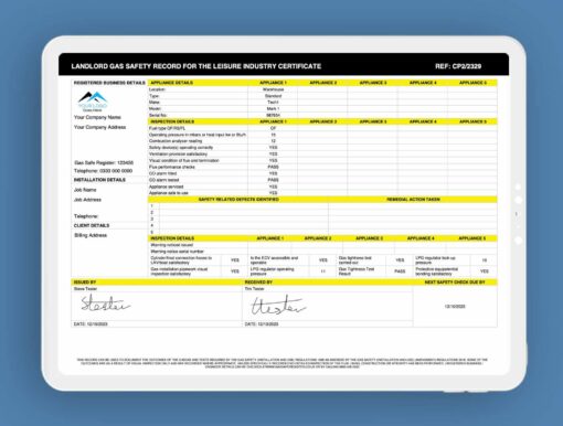 CP2 - Landlord Gas Safety Record for the Leisure Industry ServiceM8 Form - Digital Product