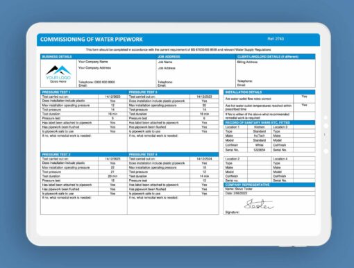 Commissioning of Water Pipework ServiceM8 Form - Digital Product