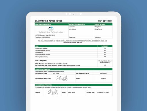 CD14 - Oil Warning and Advice Notice - ServiceM8 Form - Digital Product
