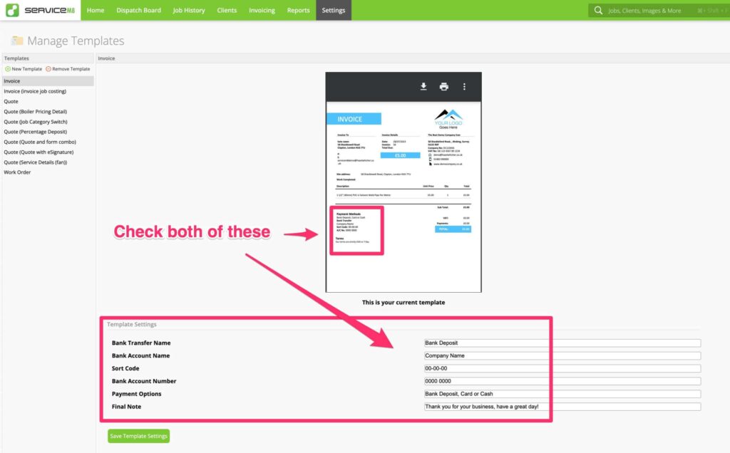 document template checks for ServiceM8